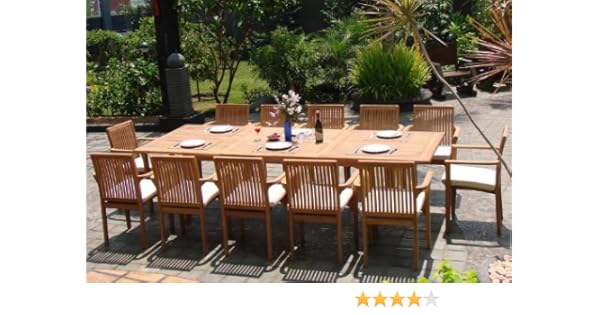 New 13 Pc Luxurious Grade A Teak Dining Set Large 117 Rectangle Table And 12 Lua Stacking Arm Chairs Whdslum