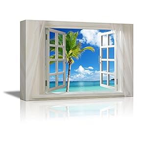 Glimpse into Beautiful Tropical Beach with Palm Tree Out of Open Window - Canvas Art Wall Art - 24" x 36"
