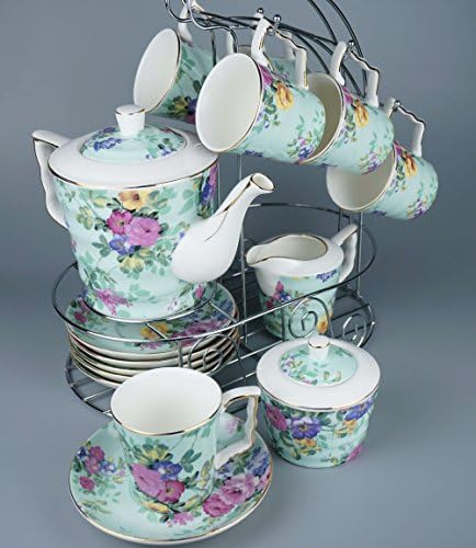 Porcelain Tea Set 16 Pieces - Large Teapot with Lid + Creamer Pitcher + Covered Sugar Bowl + 6 Cups + 6 Saucers + Hanger - The "Radiant Green" model - Premium Quality