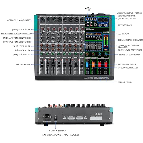 Depusheng PA8 Professional Audio Mixer Sound Card Console System Desk Interface 8 USB Bluetooth MP3 Input Computer Power Supply Phantom 48 V Reverb Effect 256 Integrated Black