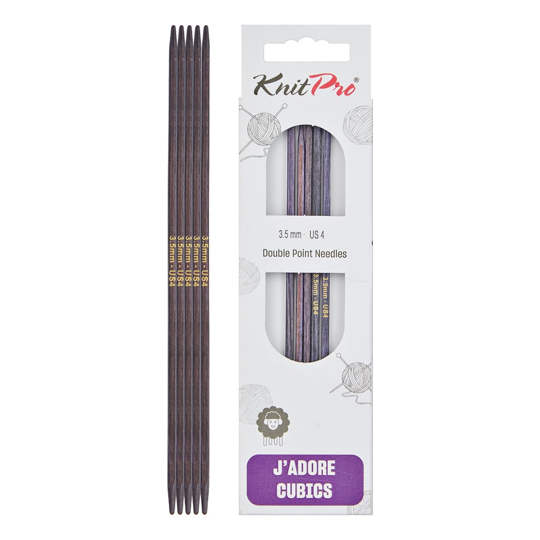 KNITPRO Knitting Needles, Wooden Pins for Socks Hats Mittens, Cubics Double Pointed, Laminated Birch Wood, 15cm x 3.50mm, Set of 5, Purple