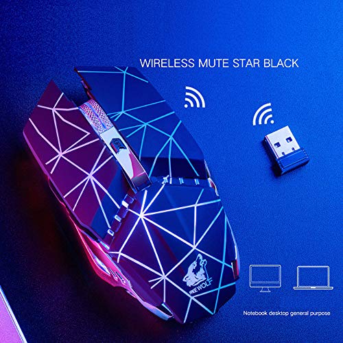 Wireless Mouse + USB Receiver for Laptop PC,2.4GHz 1600DPI 6 Buttons Mechanical Mute Rechargeable LED Backlit Mice (Stars Black) - Thumbnail 2