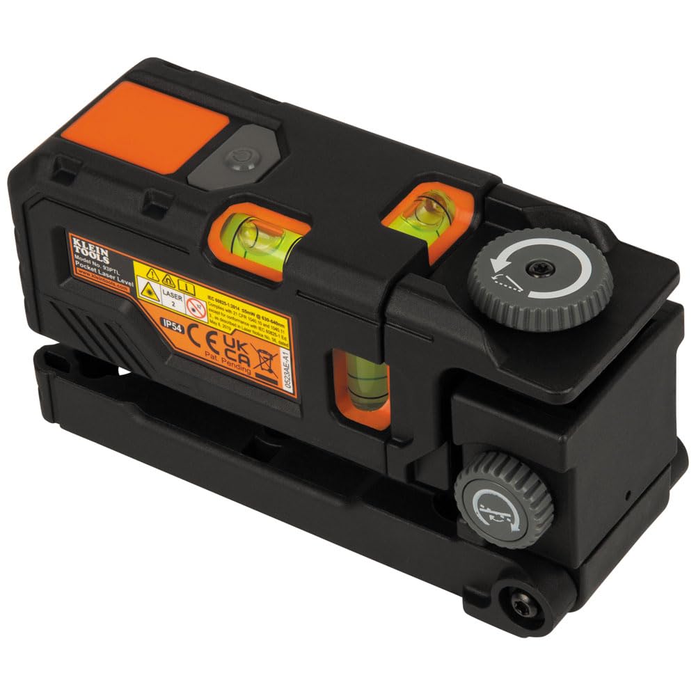 KLEIN TOOLS 93PTL Magnetic Pocket Laser Level, Bright Red Leveling and Alignment Tool, 3 Bubble Vials, 360-Degree Wall Attachment, Picture Hanging