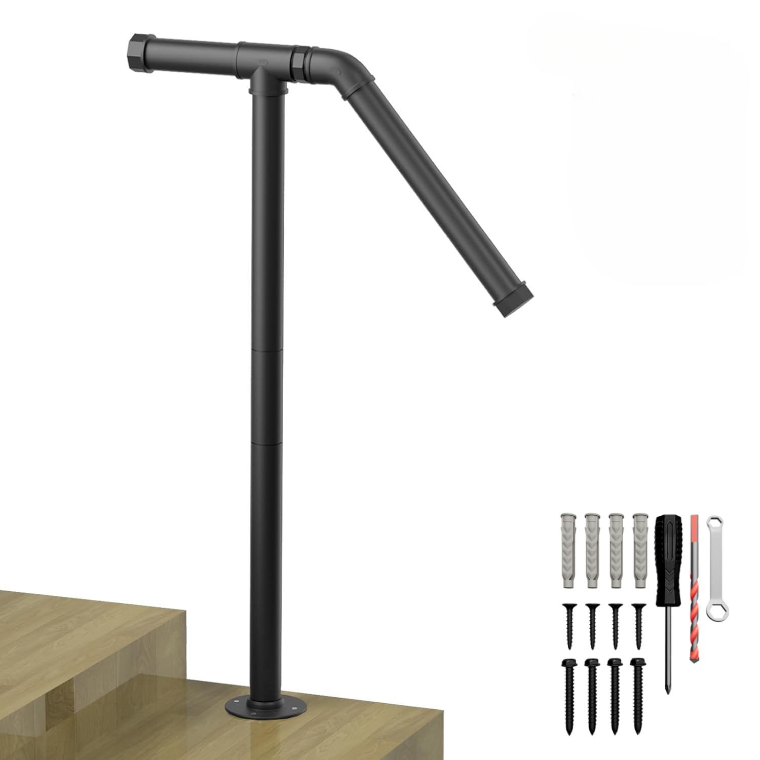 smusei Outdoor Handrail for Steps 1-2 Steps Single Post Handrails for Outdoor Steps Adjustable 85–105 Cm Bannister Rail for Stairs Non-Slip for Courtyards Porches Patios Gardens Pools (1 Piece)