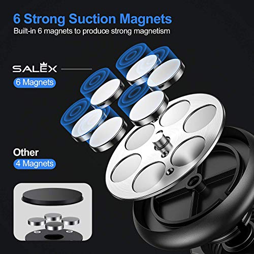 SALEX Magnetic Phone Holder. Universal Car Mount for Dashboard and Windshield. 360Â° Rotation with 6 Strong Magnets, Suction Cup, Dash Pad, Metal Telescopic Arm for Phones, GPS up to 7 Inches [Silver]