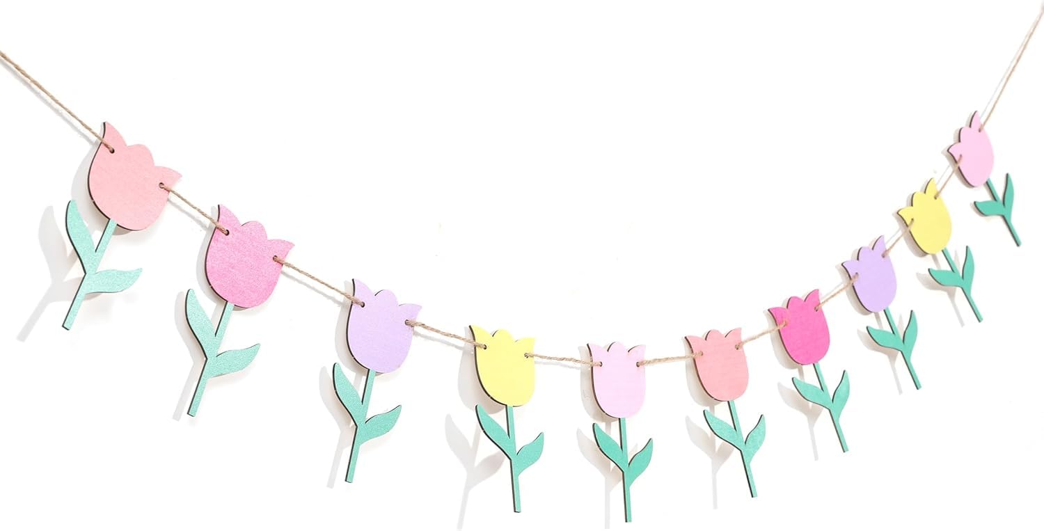 View 1 of 10 Pcs Tulip Garland/Banner - Wood Tulip Flower Garland,Summer/Spring Decorations,Floral Nursery Decorations,Colorful Banner Photo Props (banner)