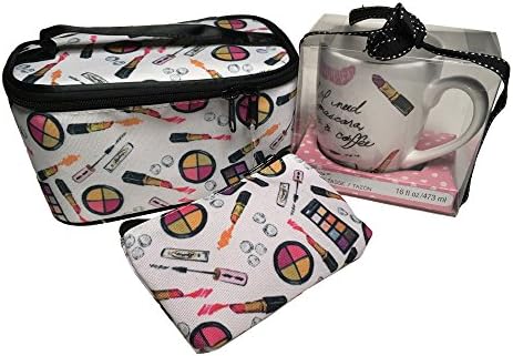 Birthday, Anniversary, Cosmetic Gift, Bundle, Pouch, Organizer, Case, Holder, Kit, Storage, Make-Up, Toiletry Travel Bag with Porcelain Coffee Cup Mug Lipstick Kiss Eye shadow for Woman