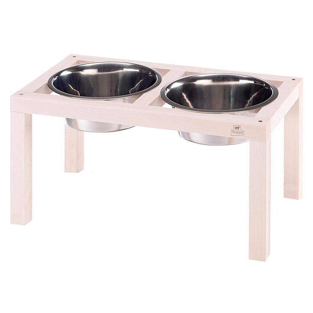 Ferplast Desco Wood Dog Bowl Holder with 2 Stainless Steel Bowls - Stylish, Non-Slip, Raised Wooden Dog Water and Food Bowl, 3,6 Liter