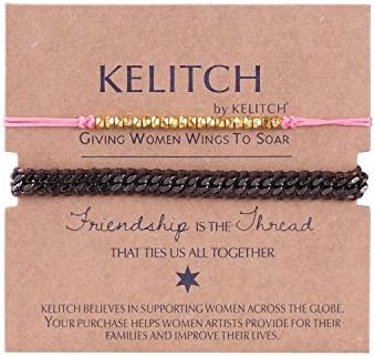 KELITCH 2 pcs/set Thin Slim Cord Rope String Black Metal Gold-Plated Stone Chain Bracelet - Brown