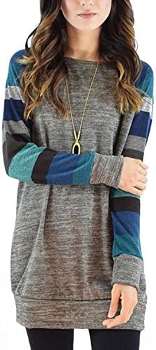 Hellana Women's Casual Cotton Knitted Lightweight Color Block Long Sleeve Sweatshirt Tops Tunic Grey Blue S
