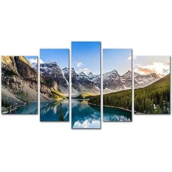 Wall Art Decor Poster Painting On Canvas Print Pictures 5 Pieces Moraine Lake and Mountain Range Sunset Canadian Rocky Mountains Landscape Framed Picture for Home Decoration Living Room Artwork