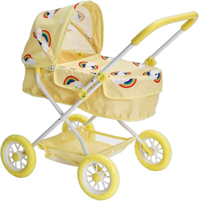 Roma Rupert Dolls Pram - Baby Toy Suitable from 24 Months, Primrose Yellow Pattern, Adjustable Hood, Foam Handle Height 57cm, for Boys & Girls, Fits Baby Doll or Teddy