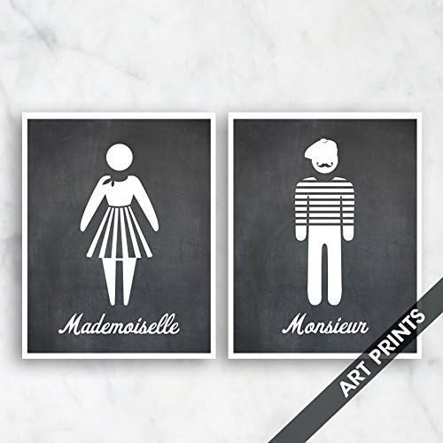 Mademoiselle and Monsieur Bathroom Prints (series B) Set of 2 5x7 inch Unframed Art Prints (Featured in Vintage Chalkboard Style) Bath / Washroom Art