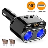 HiGoing Cigarette Lighter Adapter, 80W 2 Sockets Splitter Multi Power Outlet Type C 4.8A Dual USB Car Charger with Voltage Display, Built-in Replaceable 10A Fuse Compatible Mobile Phone GPS Dash Cam