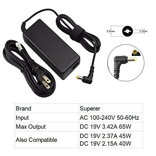 19V 3.42A 65W AC Charger for Acer Aspire E5 E 15 E15 E5-575 E5-575G E5-575-33BM E5-575-52JF E5-575-74XA E5-575G-53VG E5-575G-57D4 E5-575G-52RJ E5-575G-75MD Laptop Adapter Power Supply Cord