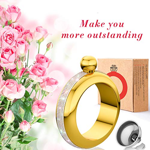 BOKIN Bracelet Bangle Flask 304 Stainless Steel with Handmade, Funnel in Gift Box for Women Girls Dance Birthday Party Club Bar, 3.5oz, Crystal Gold