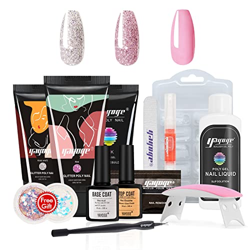 Yayoge Poly Gel Nail Kit - 3 Tubes 30ml Poly Nail Gel Glitter Pink Nail Gel Starter Kit - Nail Extension Gel Set with Slip Solution Professional Technician French Kit