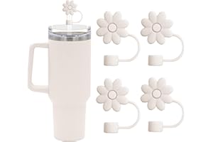 SEMATA Flower Straw Covers Toppers for Stanley Cups 30&40 Oz Tumbler with Handle Accessories 4PCS Silicone Straw Caps Reusable Straw Tips Protectors for Stanley Cup 10mm 0.4in Straws,Off White