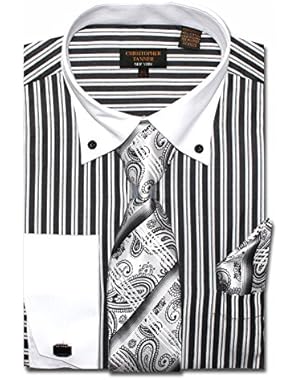 Men's Regular Fit Dress Shirts With Tie Hankerchief Cufflinks Combo Striped Pattern Button Down