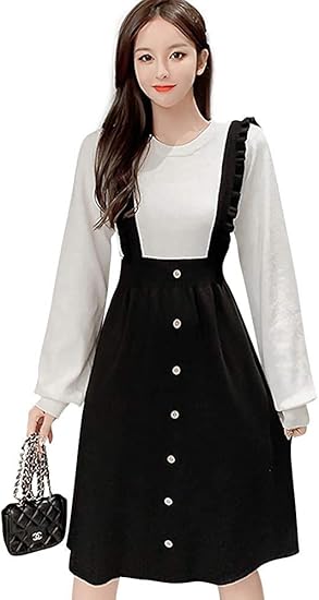 Amazon ニットワンピース レディース かわいい 重ね着風 Aライン 秋冬春 フリル ストレッチ ゆったり 膝丈 着痩せ 可愛い デート 通学 通勤 ワンピース チュニック 通販