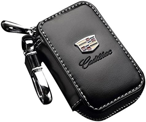 SHANG MEDING Black Premium Leather Car Key Chain Coin Holder Zipper Case Remote Wallet Bag (Cadillac)
