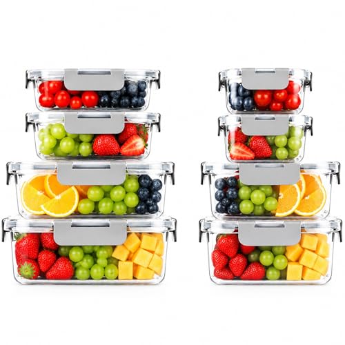 OFFASST Glasbehälter mit Deckel, 8-teilig Meal Prep Boxen & Frischhaltedosen aus Borosilikatglas, BPA-frei & luftdicht für Mikrowelle & Spülmaschine I