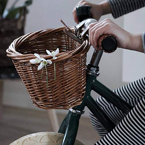Wicker Bicycle Front Basket, Vintage Hand-Woven Wicker Bicycle Basket Bike Shopping Storage Basket with Leather Straps for Kids Boys Girls Bike Cycle(Brown)