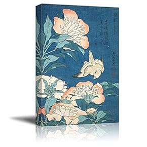 Peonies and Canary by Katsushika Hokusai - Canvas Print Wall Art Famous Painting Reproduction - 12" x 18"
