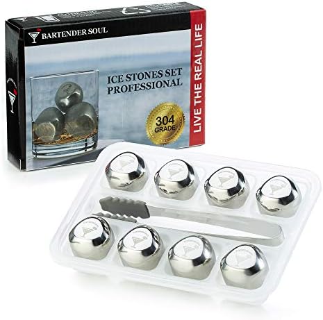 Bartender Soul Whiskey Stones Ice Cubes (8pcs) with Tongs and Freezer Tray - Non Intrusive Stainless Steel Reusable Rocks for Liquors, White Wine, Beer, Cocktails, Mineral Water