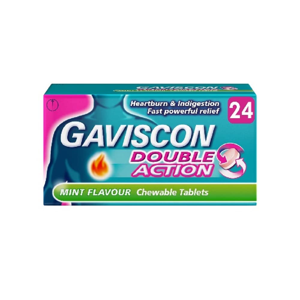 Gaviscon Double Action, Chewable tablets, Mint, 24 tablets, Heartburn & Indigestion, Fast powerful relief, Gets to work in minutes, Dual relief on the go, Targets Heartburn and indigestion instantly