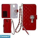 CASELAND Flip Wallet Leather Case with Crystal Camellias Button and Metal Chain for Samsung Galaxy S5, Red