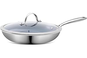 Stainless Steel Non-Stick Frying Pan: 10 Inch Healthy Non-Toxic Ceramic Coating Cookware with Lid,Compatible with Induction,E