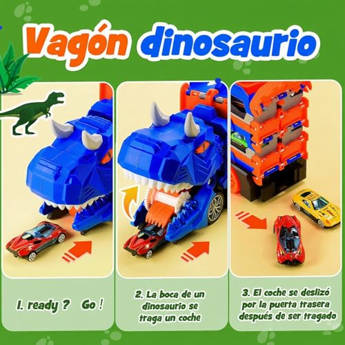NEOROSVIKA Dinosaurios de Juguetes, Camión de Juguete de Dinosaurios con 12 Coches, Carritos Juguetes para Niño, Pista Doble Plegable, Regalo para Niños y Niñas (Azul)
