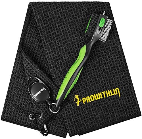 Golf Towel Golf Club Brush Set, Microfiber Waffle Pattern Tri-fold Towel Black, Golf Club Groove Cleaner with Retractable 2ft Zip-line Carabiner, Golf Gifts Golf Accessories for Men( golf brush Green)