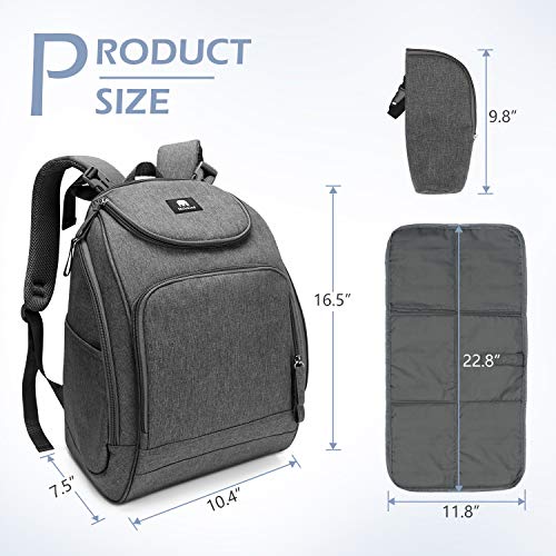 Backpack Diaper Bag, Meinkind Baby Diaper Bag Backpack for Mom, with Diaper Changing Pad, Built-in Wet Bag for Cloth Diapers, Insulated Pockets, and Stroller Straps, Gray