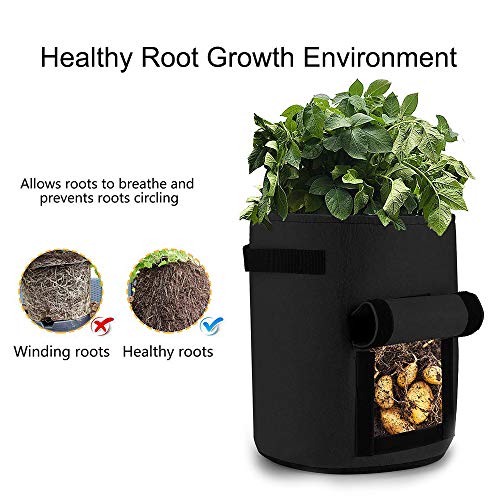 GEMGO 3 Pack Potato Grow Bag, 7 Gallon Aeration Waterproof Fabric Sweet Potato Planter, Velcro Window Vegetable Peanut Growing Box Bucket Pot for Nursery Garden (3 Pack, Black)
