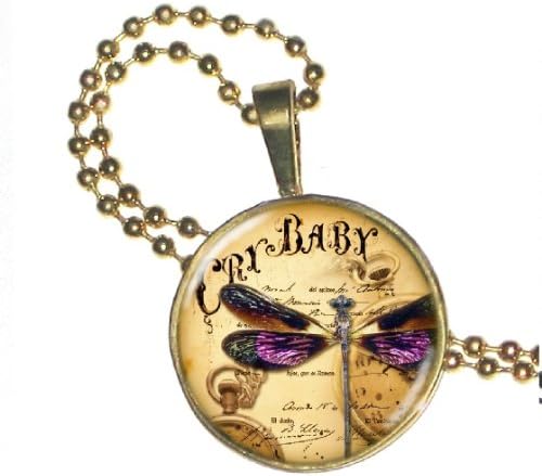 Dragonfly Cry Baby on Round Crystal and Gold Plated Pendant w/ 24" Gold Plated Ball Chain