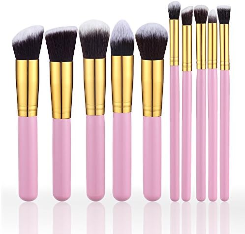 Premium 10 Makeup Brush Set Kit,Professional Woman Cosmetics Basic 10 Pieces Travel Beauty Brushes,Angled Flat,Contour,Face,Eyeliner,Shadow,Blending Concealer (Golden Pink)