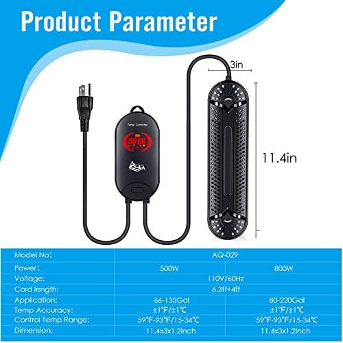 AQQA Aquarium Heater 500W 800W Submersible Fish Tank Heater with Double