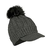 Ribbed Cable Knit Beanie Visor, Double Layer Hat W/ Top Pom, Chenille Lining