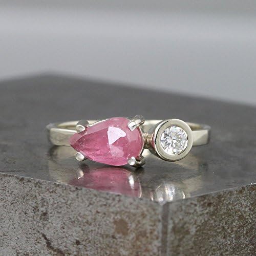 14k White Gold Two Stone Ring with Pink Sapphire and Diamond Alternative Moissanite