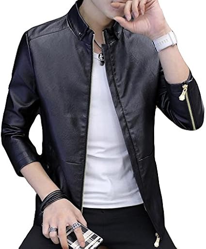 Amazon ニカ メンズ ジャケット 秋 冬 Pu 無地 シンプル スリム ライダースジャケット ショート丈 革 ブルゾン スタンドカラー かっこいい アウター スタリッシュ レザー アウター ショートジャケット コート ジャケット 通販