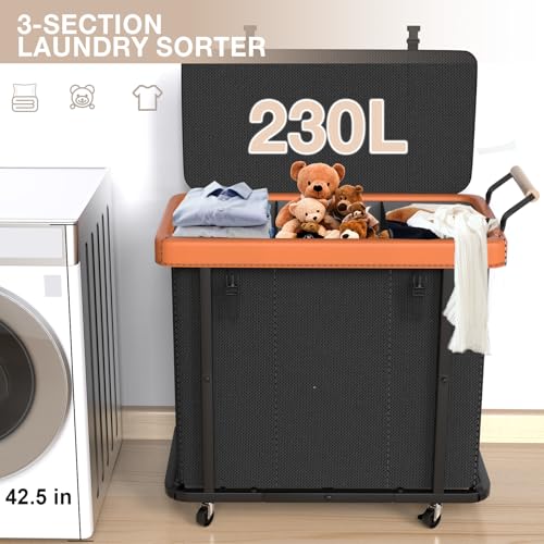 3 Section Laundry Hamper with Lid, 230L High Capacity Laundry Basket Sorter Cart with 4 Wheels, Leather Patchwork Handle for Towel, Cloth Organization