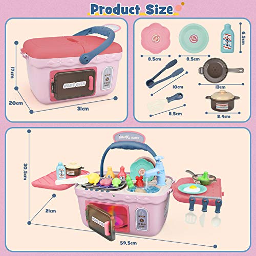 Dreamon Spielküche Spielzeug Kinderküche Zubehör Kochset Kinder Picknickkorb mit Musik Licht, Kinder (Rosa) – Bild 7