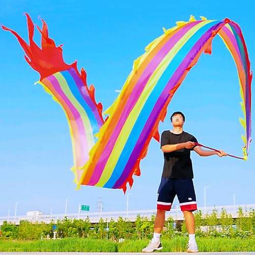 DSJUGGLING 6 Meters (19.6 FT) 3D Square Exercise Dragon & Phoenix Poi with 340g Weighted Ball & 1.1 Meters Swing Rope, Silk-Like Flowy Chinese Golden Phoenix Ribbon Streamer + Travel Bag!