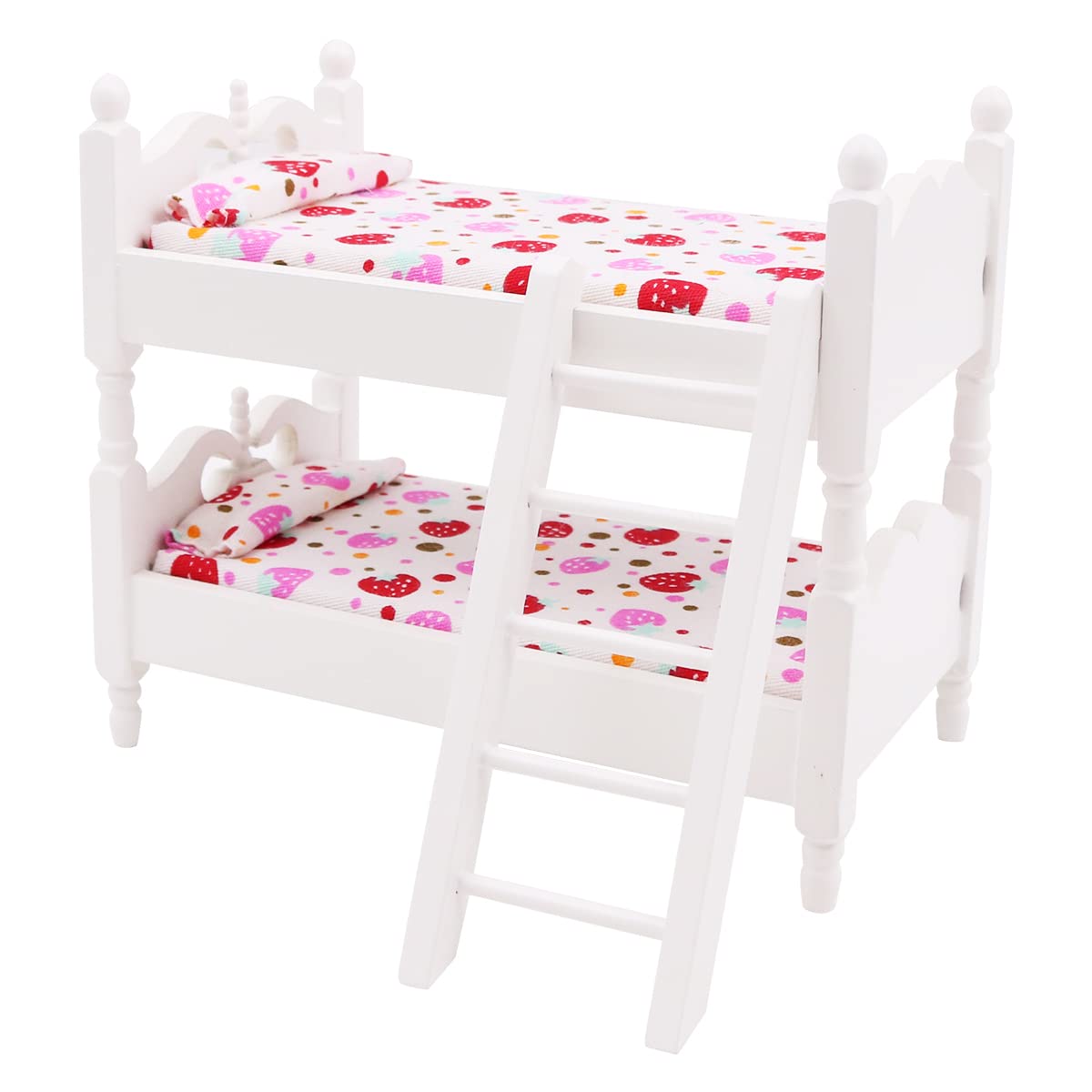 WANGCL 1/12 Miniature Bunk Bed Wooden Dolls House Furniture - Strawberry Pattern, White