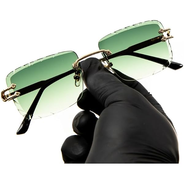Rimless Luxury Hip Hop Men's Gem Cut Brown Tint Gold Frame Rectangle