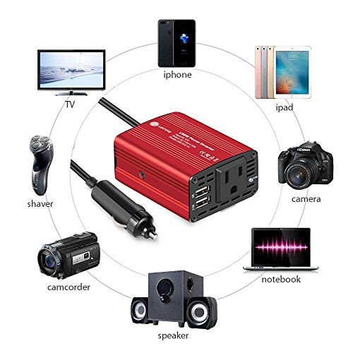 WINTEKD 150W Car Power Inverter DC 12V to 110V AC Converter with 3.1A Dual USB Charger Adapter (Red)