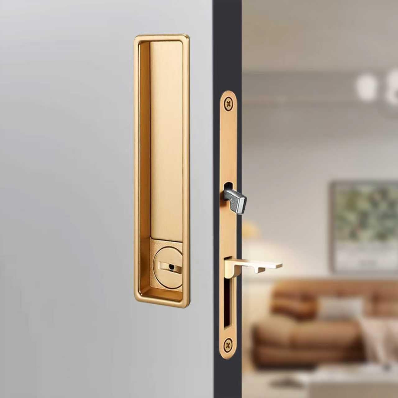 Photo 1 of Pocket Door Lock Hardware Set - Privacy Handle with Hidden Pull & Recessed Latch, Fit for 1 9/16" to 2" The Thick of Wooden Doors (Rectangular Gold)