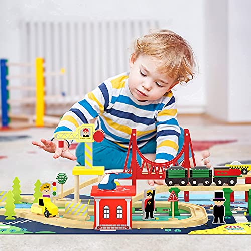 ROBUD Wooden Train Set Wooden Train Tracks for Kids with Crane Bridge